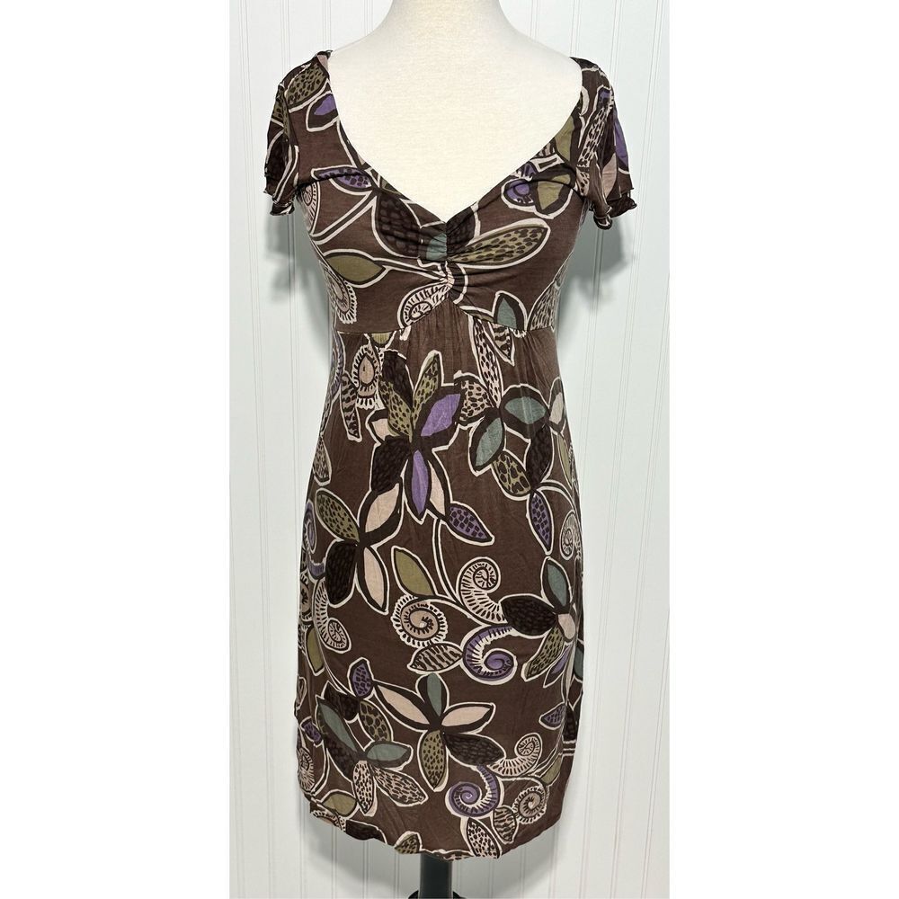 Boden Dress Floral Print Slip On Sheath Style V Neck Mini Length Brown‎ Purple 6